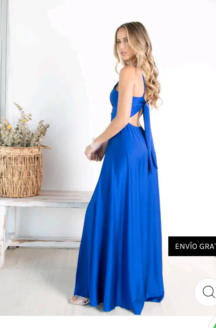 Vestido largo azul con tirantes y abertura - 2