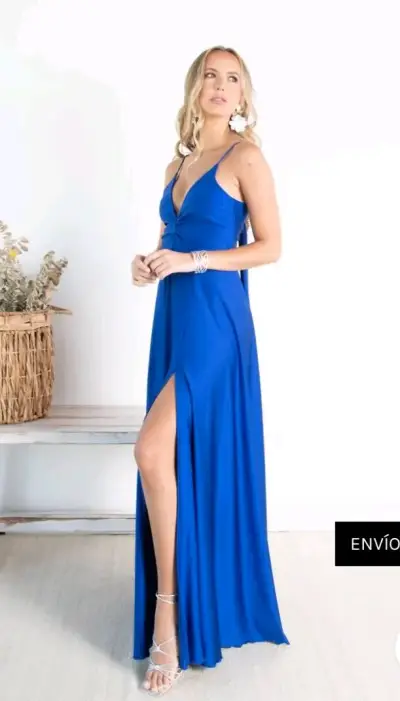Vestido largo azul con tirantes y abertura - miniatura 3