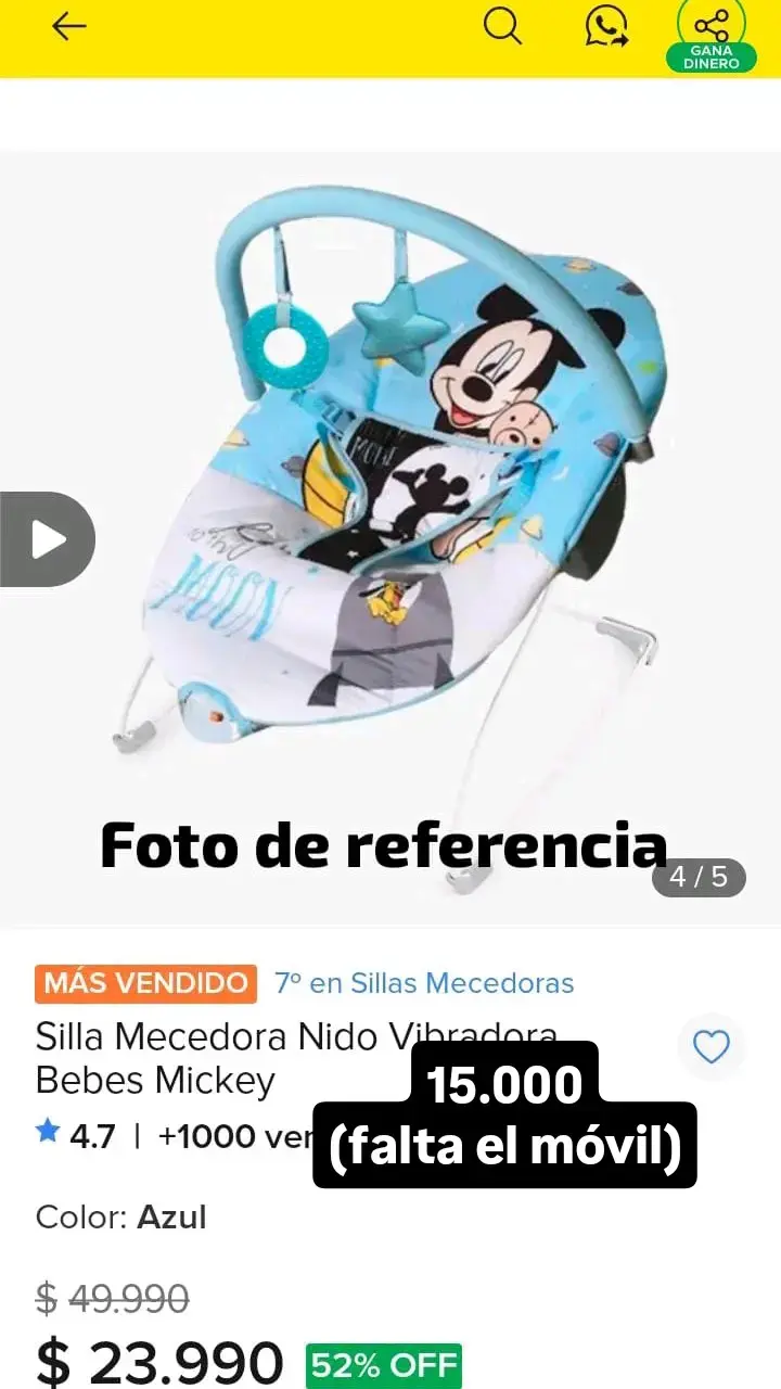 Silla mecedora vibradora para bebés Mickey azul
