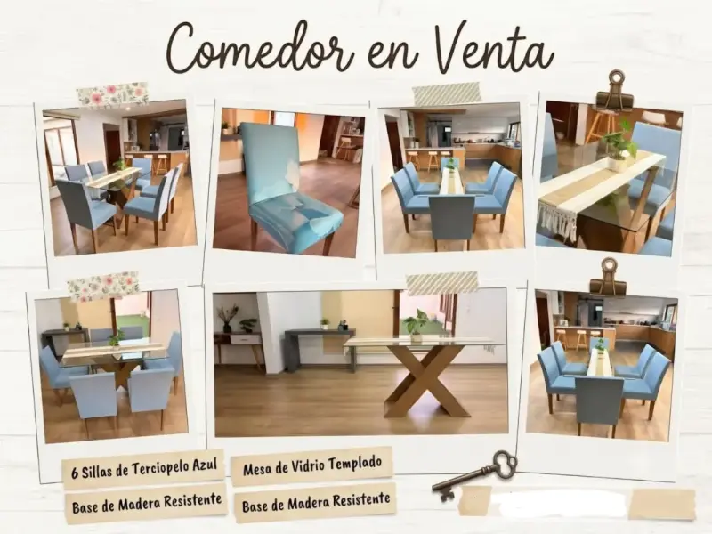 Juego de comedor con 6 sillas de terciopelo azul y mesa de vidrio