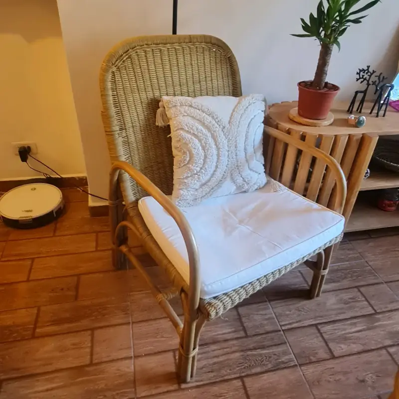 Sillón de mimbre con cojín blanco - 1