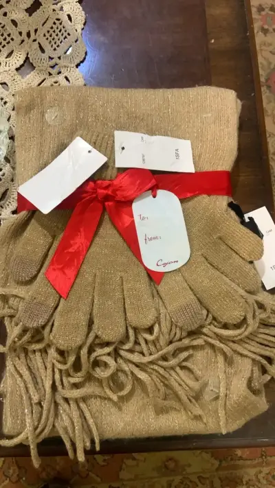 Set de bufanda y guantes beige brillantes - miniatura 1