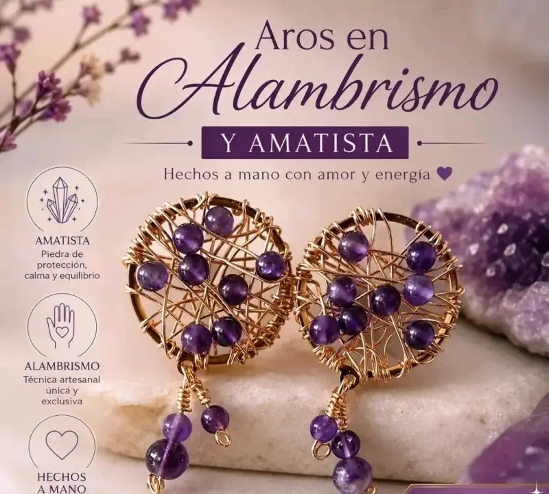 Aros de alambre con amatista hechos a mano