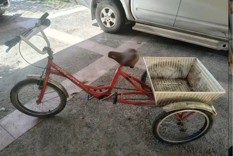 Triciclo de carga rojo con canasto trasero