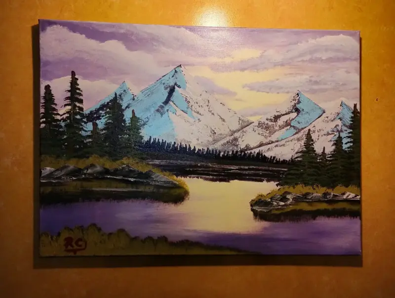 Cuadro Pintura Paisaje Montañas y Lago - 1