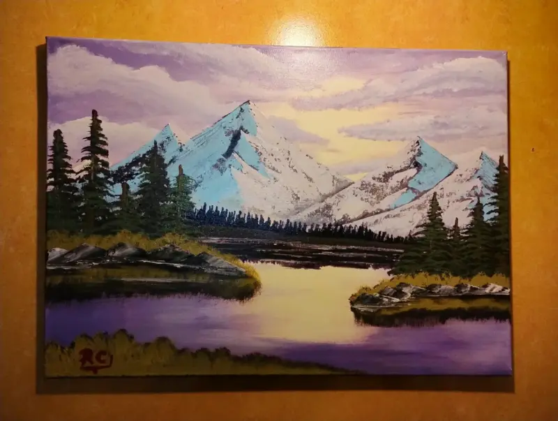 Cuadro Pintura Paisaje Montañas y Lago - 2