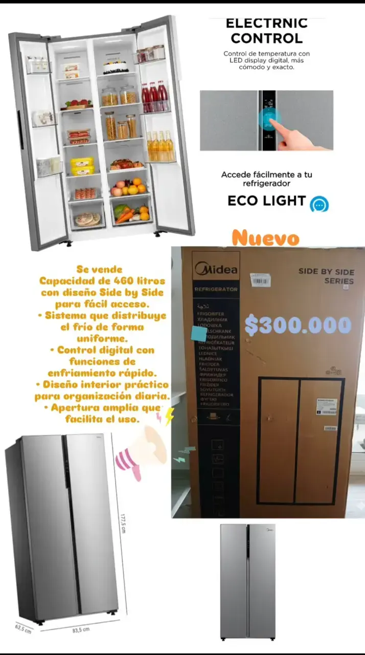 Refrigerador Midea Side by Side 460L Nuevo