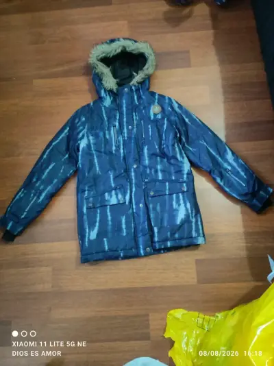 Parka azul con capucha de piel sintética - miniatura 1