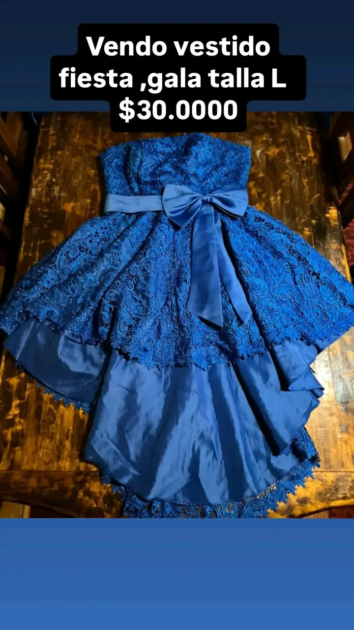 Vestido de fiesta azul con encaje y lazo - 2