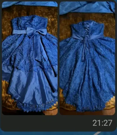 Vestido de fiesta azul con encaje y lazo - miniatura 3