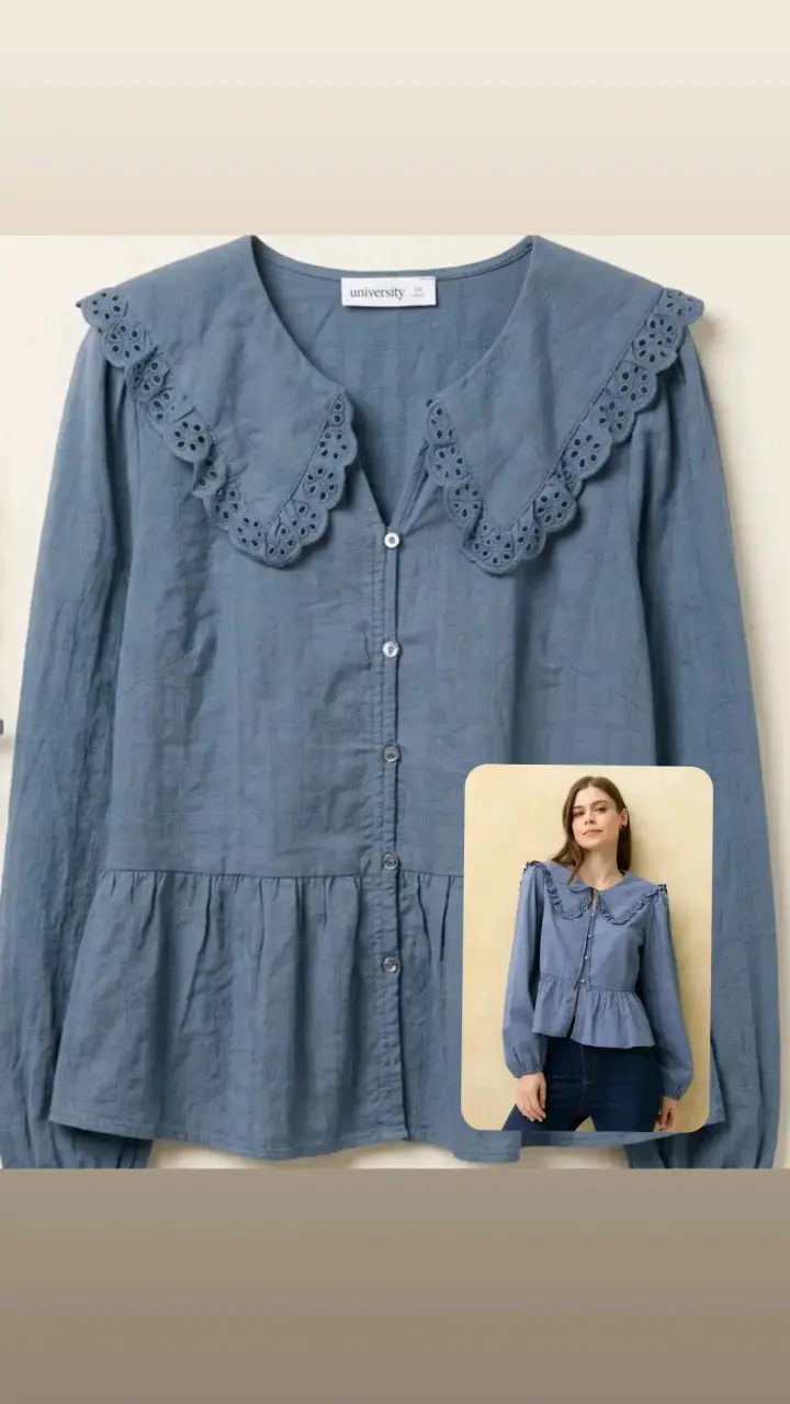 Blusa azul con cuello bordado para mujer