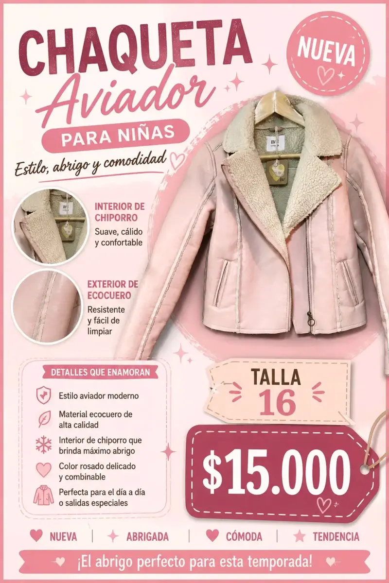 Chaqueta Aviador Rosada para Niñas Talla 16