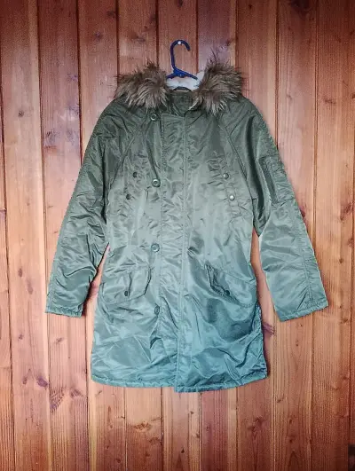 Parka verde con capucha de piel sintética - miniatura 1