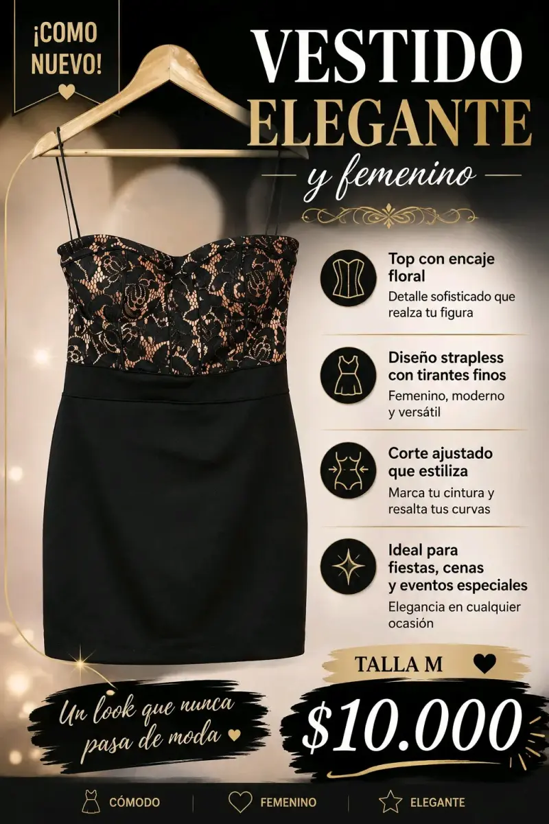 Vestido elegante strapless con encaje floral