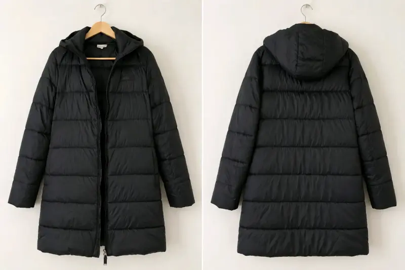 Parka larga negra con capucha para mujer