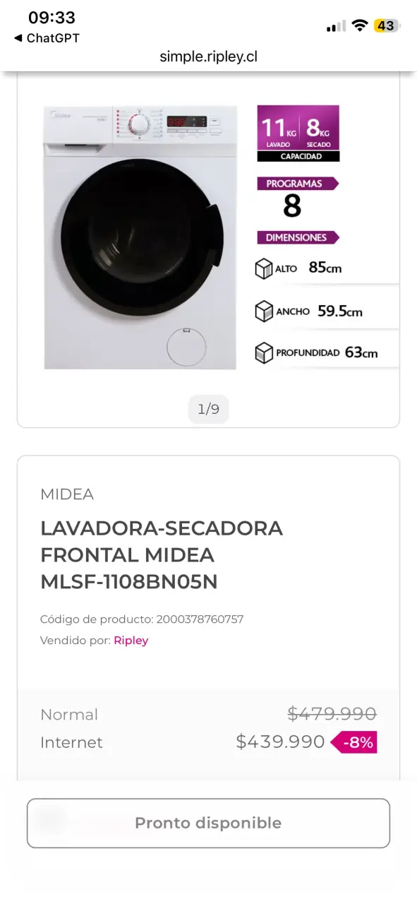 Lavadora-Secadora Frontal Midea 11/8 kg - 1