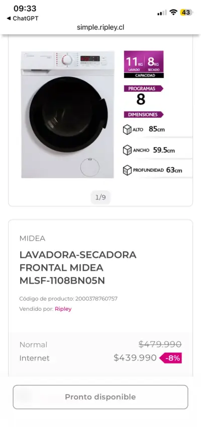 Lavadora-Secadora Frontal Midea 11/8 kg - miniatura 1