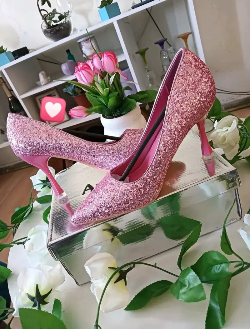 Tacones de fiesta rosados con brillo - 2