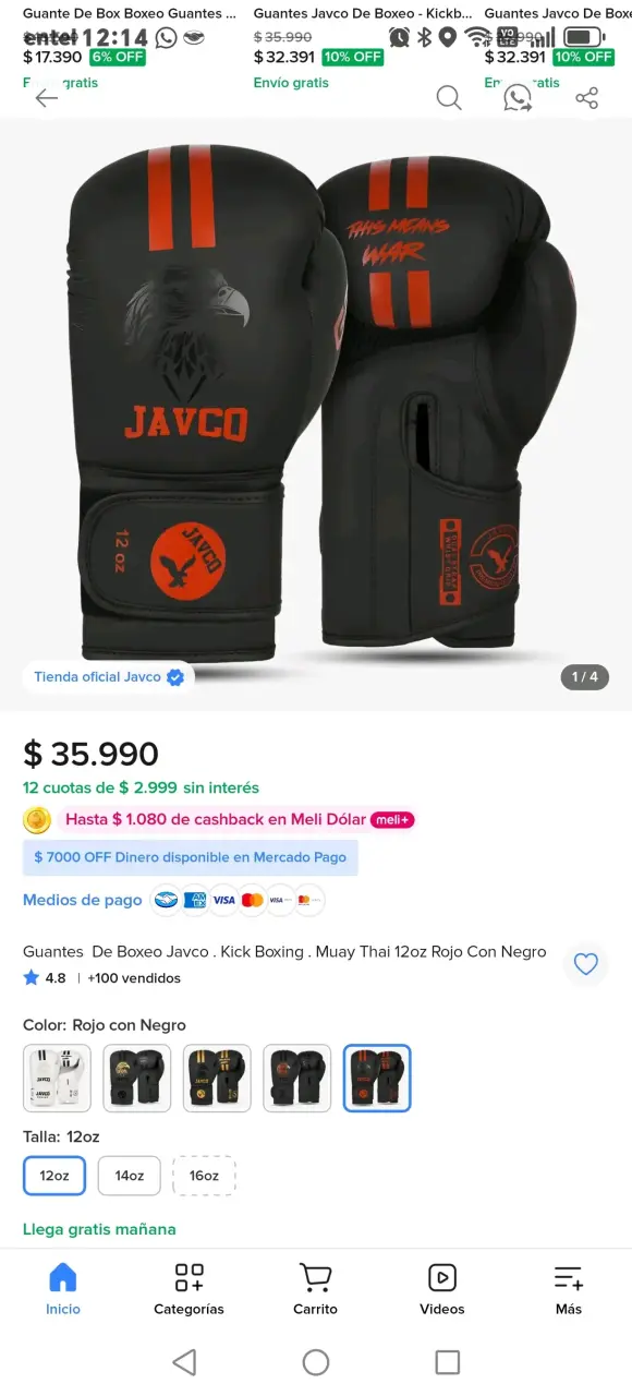 Guantes de Boxeo Javco 12oz Rojo y Negro