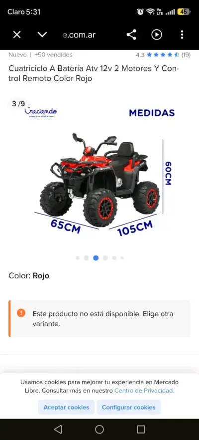 Cuatriciclo a batería 12V con control remoto rojo - miniatura 2