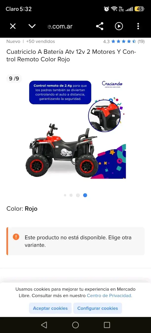 Cuatriciclo a batería 12V con control remoto rojo - 3