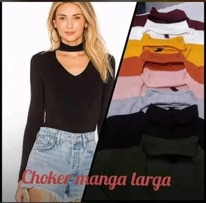 Polera Choker Manga Larga Mujer en Varios Colores - 1