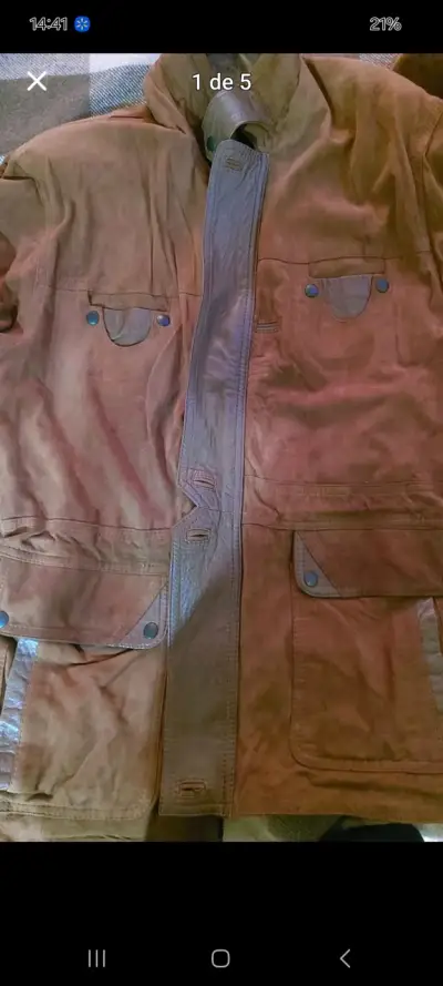 Chaqueta de cuero gamuzado marrón con forro inte - miniatura 1
