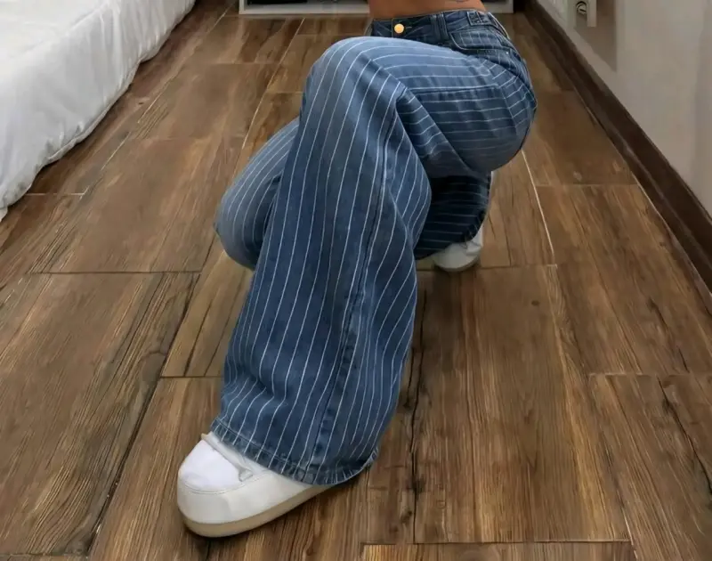 Jeans anchos de mezclilla a rayas para mujer - 1