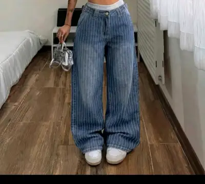 Jeans anchos de mezclilla a rayas para mujer - miniatura 2