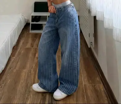 Jeans anchos de mezclilla a rayas para mujer - miniatura 3