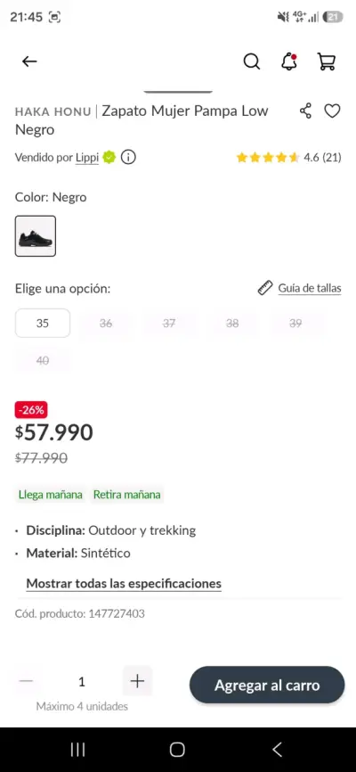 Zapatos Haka Honu Pampa Low Mujer Negro - miniatura 4