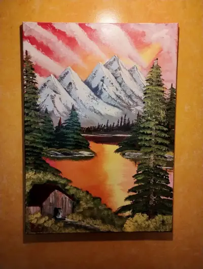 Cuadro Pintura Paisaje Montañas y Lago - miniatura 1