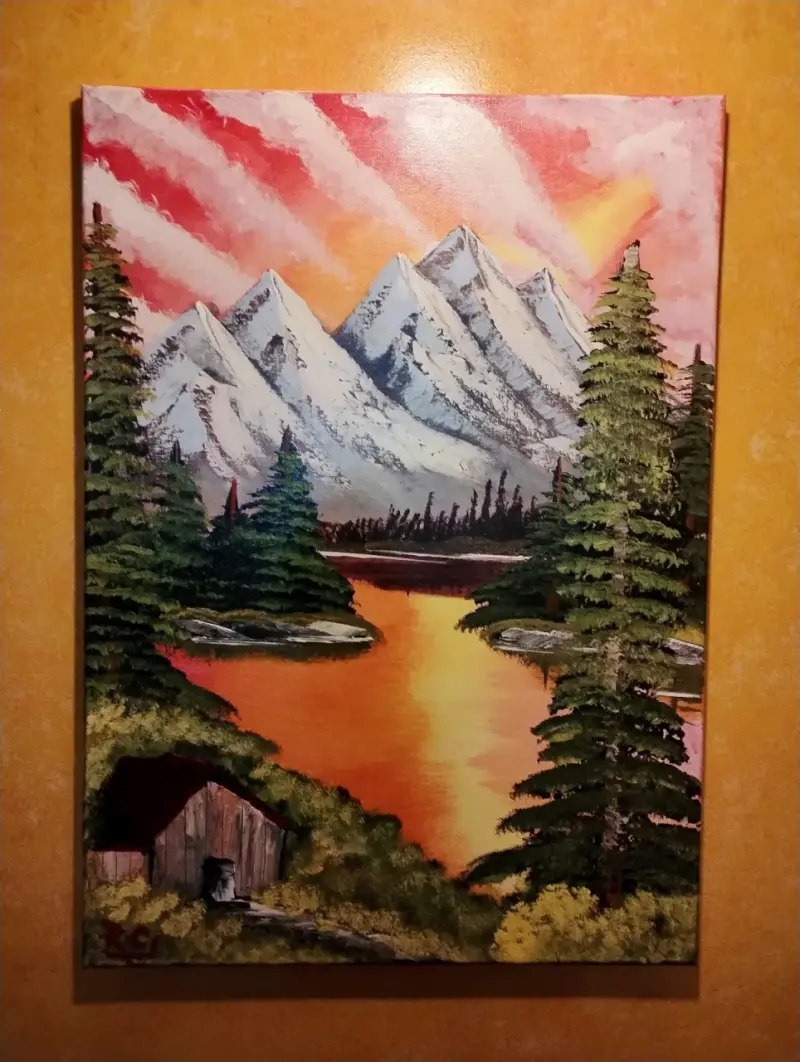 Cuadro Pintura Paisaje Montañas y Lago - 2