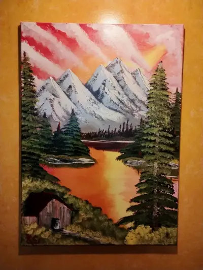 Cuadro Pintura Paisaje Montañas y Lago - miniatura 2