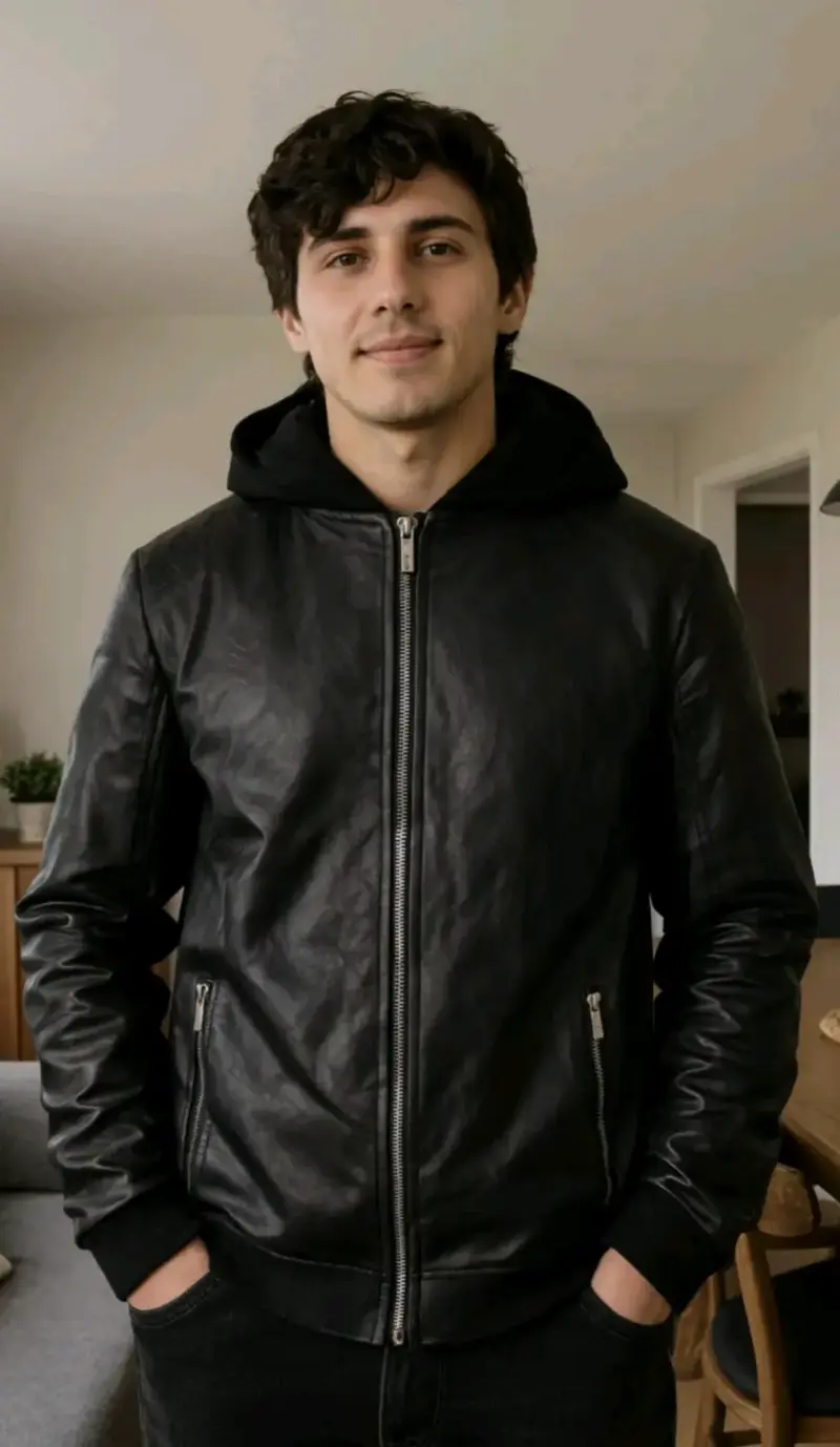 Chaqueta de cuero negra con capucha - 4
