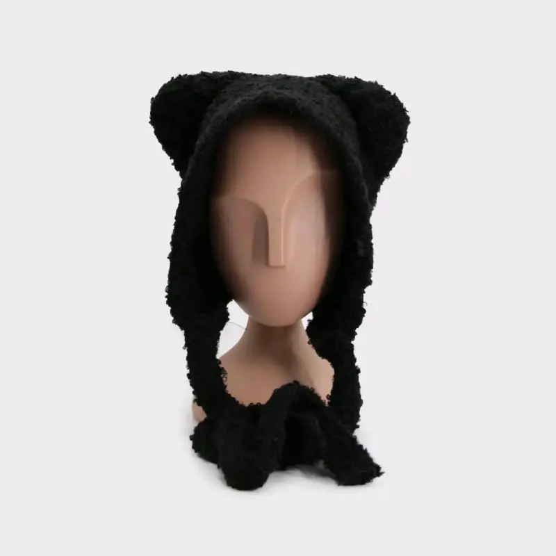Gorro de lana suave negro con orejas - 1
