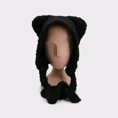 Gorro de lana suave negro con orejas - miniatura 1