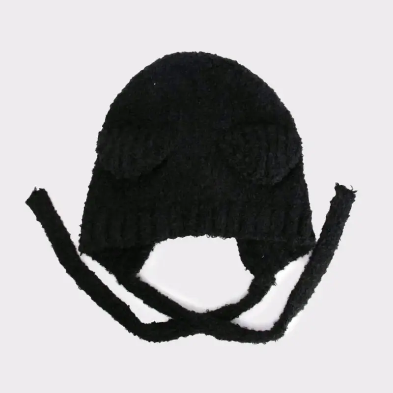 Gorro de lana suave negro con orejas - 2