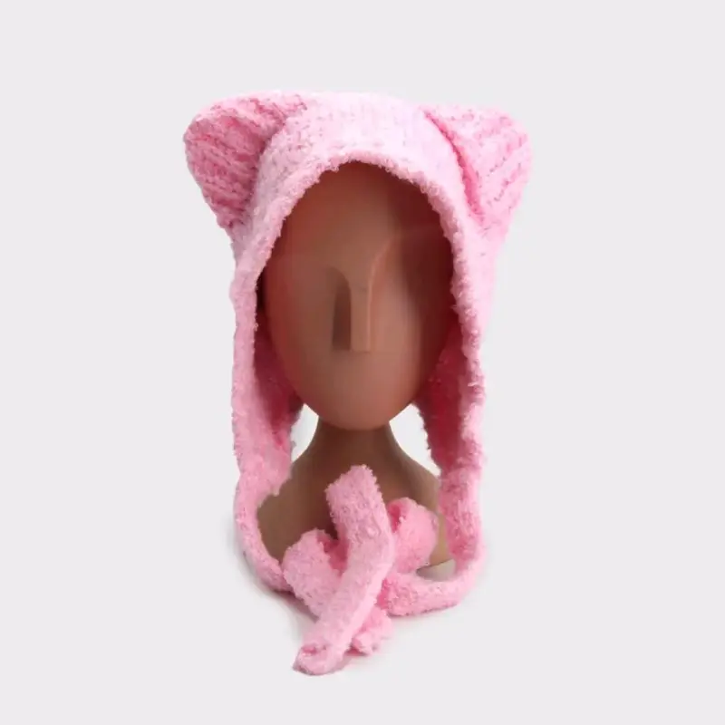Gorro de lana rosa con orejas - 1