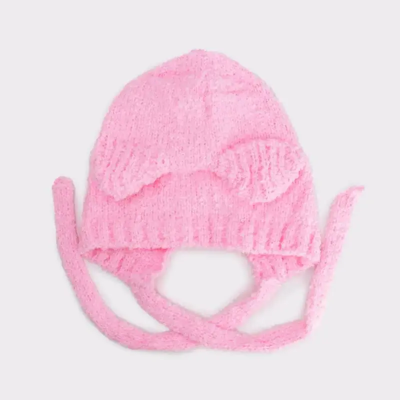 Gorro de lana rosa con orejas - 3