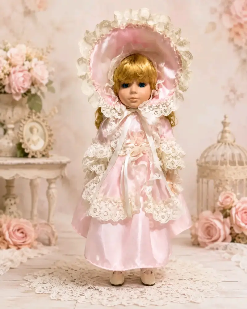 Muñeca de porcelana vintage con vestido rosa - 1