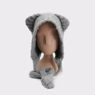 Gorro de lana gris con orejas de oso - miniatura 1