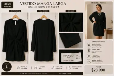 Vestido negro manga larga con nudo frontal - miniatura 1