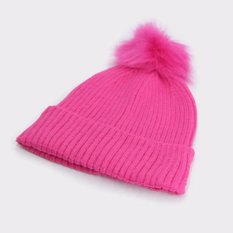 Gorro de lana rosa con pompón - 5