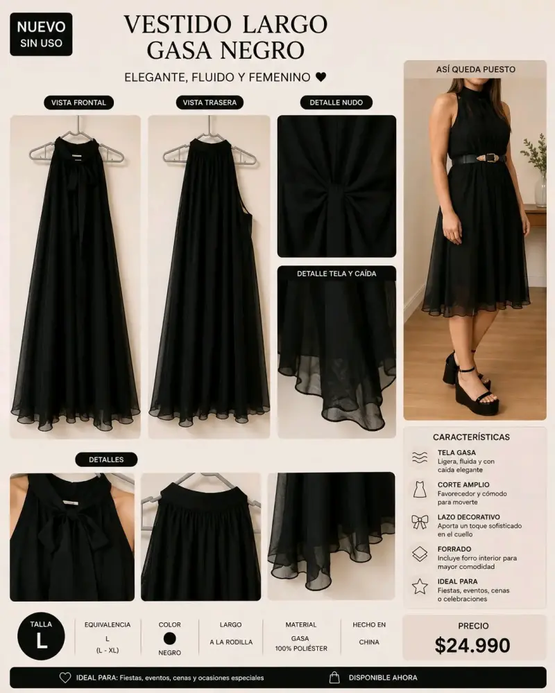Vestido largo de gasa negro elegante