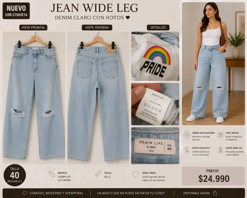 Jean Wide Leg Denim Claro con Rotos Talla 40 - 1