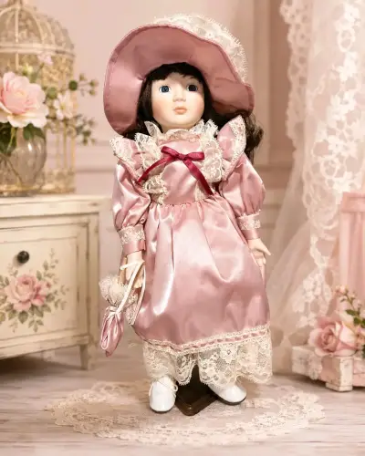 Muñeca de porcelana vintage con vestido rosa - miniatura 1