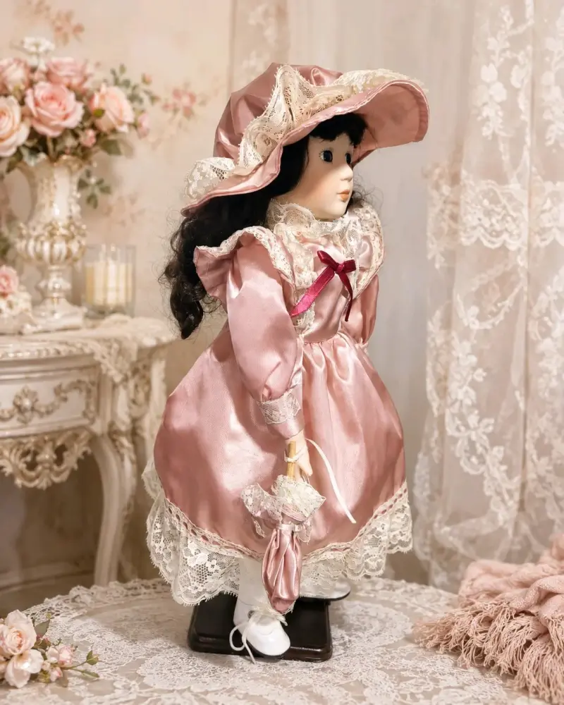 Muñeca de porcelana vintage con vestido rosa - 2