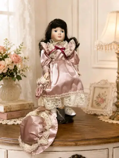 Muñeca de porcelana vintage con vestido rosa - miniatura 3