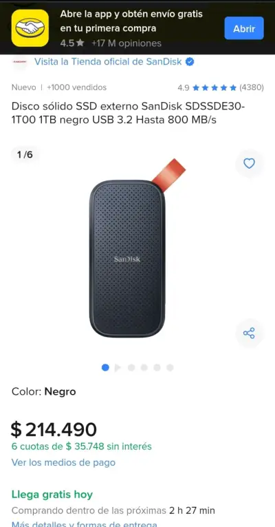 Disco SSD externo SanDisk 1TB USB 3.2 negro - miniatura 1